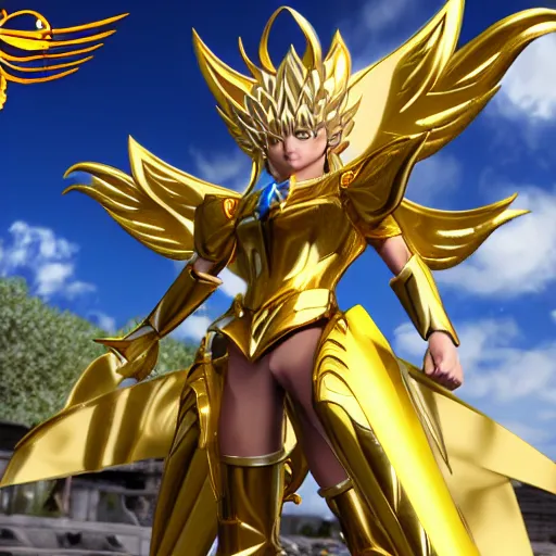 Prompt: photorealistic full shot of Saint Seiya knight wearing golden and silver Cat armor as a anime girl, detailed, inspired by Masami Kurumada, unreal engine 4k, textured, volumetric light