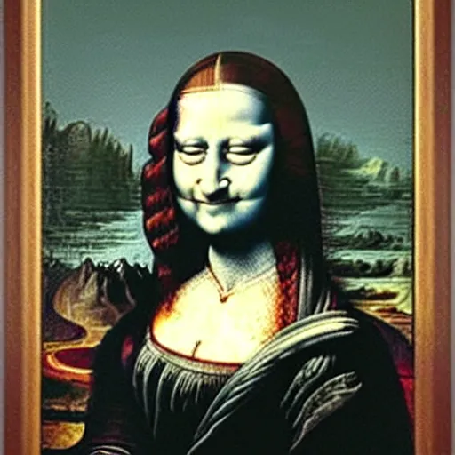 Prompt: scary scene when monalisa crawls out of her painting frame