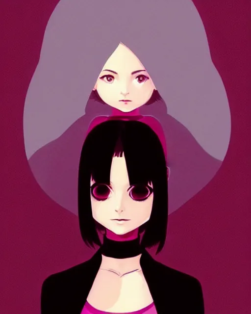 Image similar to style of ilya kuvshinov : : gorgeous willa holland : : evil witch, swirling black magic, black dress : : symmetrical face, symmetrical eyes : : full body pose : : gorgeous black hair : : magic lighting, low spacial lighting : :