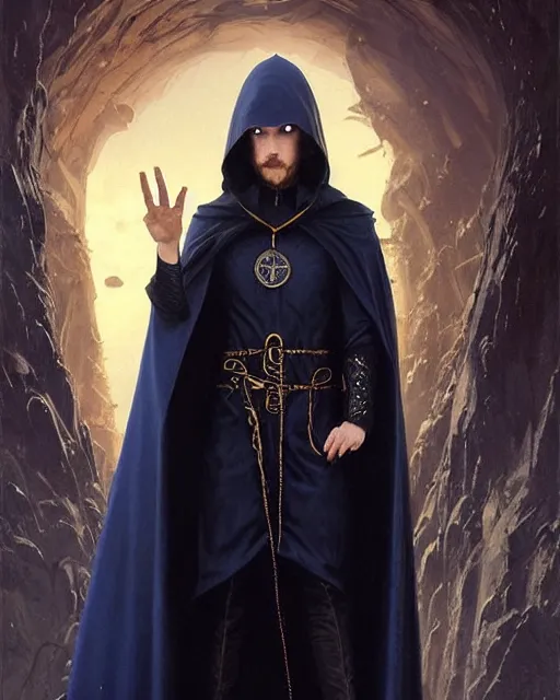 Image similar to handsome mage meditating holding a tellurion!, long black hair blue eyes wearing leather mantle gothic navy cloak with gold details, cliffside town, fantasy character portrait, hyperrealism, concept art, intricate details, highly detailed by greg rutkowski, ilya kuvshinov, gaston bussiere, craig mullins, simon bisley