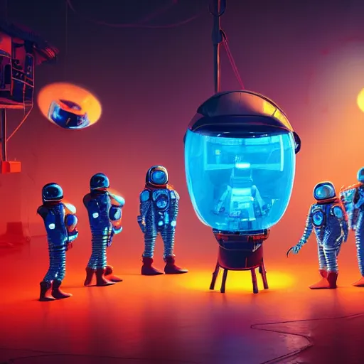 Image similar to nine austronauts in spacesuits, repairing a mickey mouse robot head held down by a crane, in a garage owned by netflix, dark dystopian environment, with cyan lights lighting the foreground and red lights in the background, made by beeple, sigma 5 0 mm