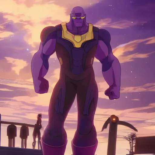 Prompt: thanos working at starbucks but it is a slice of life anime, by hayao miyazaki and yusuke murata and makoto shinkai and ross tran, intricate detail, cinematic, 8 k, cel shaded, unreal engine, featured on artstation, pixiv, anime style