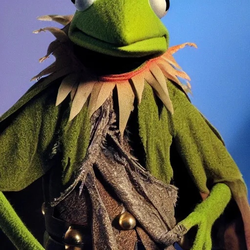 Image similar to kermit the frog as a skeksis in the dark crystal