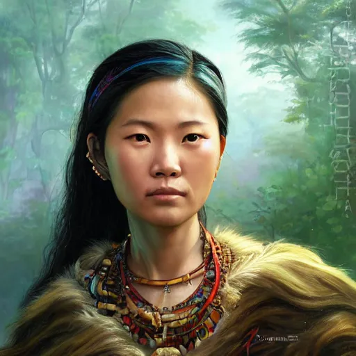 Prompt: portrait of a young pangcah people woman ( 3 5 ) from taiwan in 2 0 2 1, an oil painting by ross tran and thomas kincade