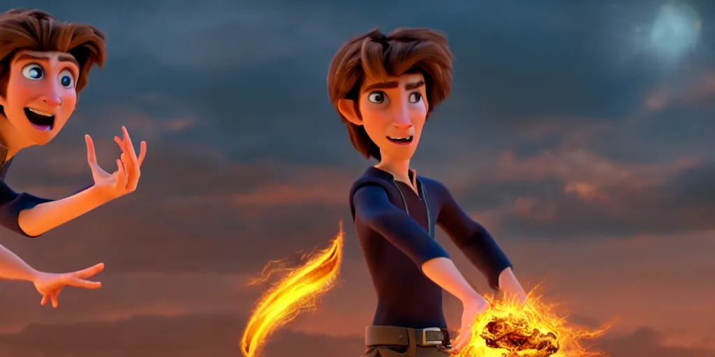 Image similar to a epic scene of a handsome young caucasian male sorcerer with brown hair casting a spell that is emanating from his hands, action pose, medium shot, depth of field, sharp focus, waist up, award winning animation, pixar and dreamworks animation style