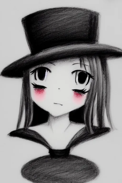 Image similar to cute loli in a tall black top hat, face profile, pencil sketch, gray scale, anime style