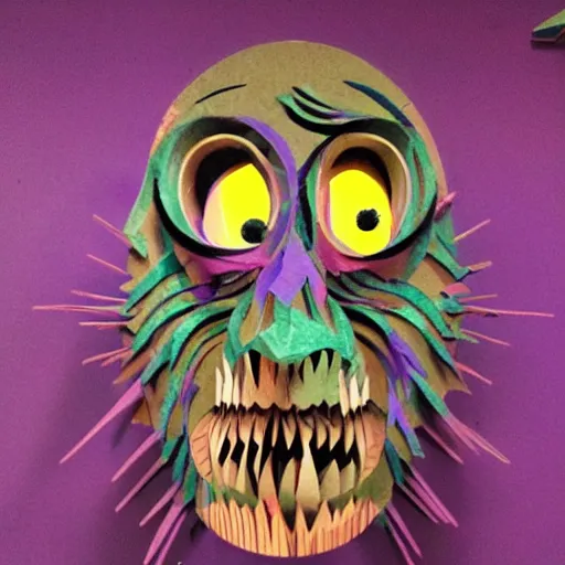 Prompt: a psychedelic overly scary monster made out of cardboard