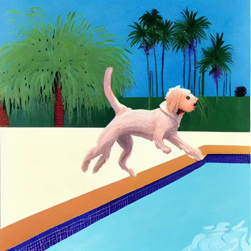 Image similar to medium shot, cream colored havanese dog jumping from a diving board into a pool at a mid century modern house in palm springs, painting by david hockney