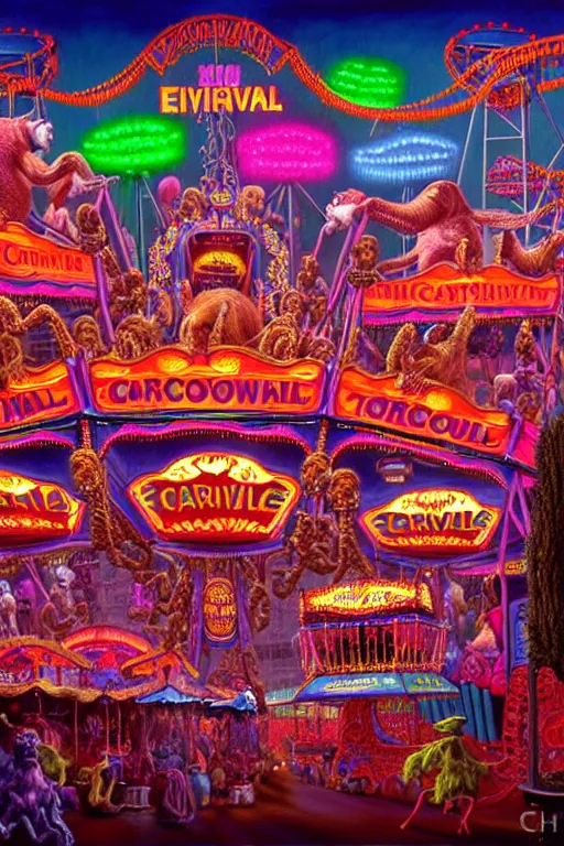 Prompt: a hyperrealistic detailed painting of an ornate evil carnival in town with rides, glowing lights, colorful, chimeric horror creatures riding a rollercoaster. cinematic lighting, depth perspective, depth of field, by chris cunningham and richard corben, highly detailed, vivid color,