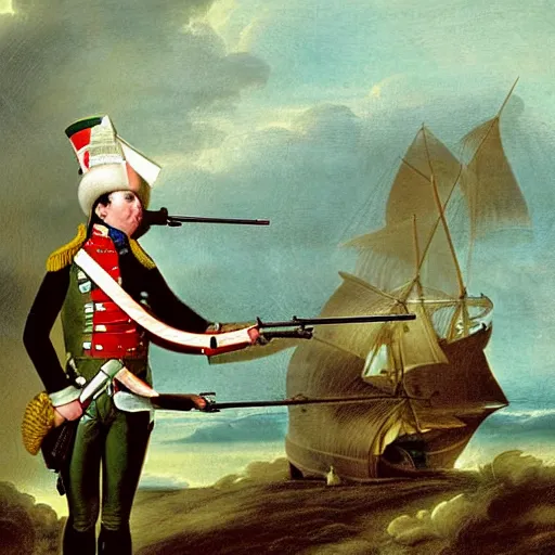 Prompt: a shrimp - faced soldier in a napoleonic uniform with a modern machine gun against a green sea background