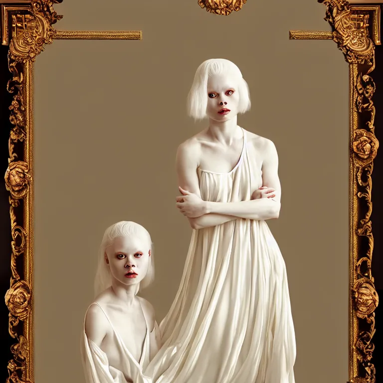 Prompt: alone with herself wonderful symmetrical neoclassical portrait of woman albino goddess with a beautiful porcelain body dressed with a majestic semi transparent silk cream roses long dress, hightly ornate, intricate, detailed, dramatic light, award winning, octane render, wonderful renaissance background