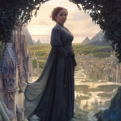 Image similar to a very detailed Magic portrait painting of Emilia Clarke, a very detailed fantasy city background, a very detailed dramatic sky, light particles, environment drawn by Donato Giancola and Tom Bagshaw, Edmund Leighton, character design by Alphonse Mucha, 4k, volumetric lighting, komorebi, award winning, octane render, hyperrealistic