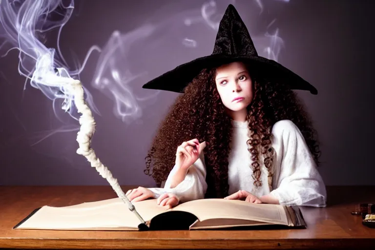 Image similar to extreme close up portrait, dramatic lighting, teen witch calmly pointing a magic wand casting a spell over a large open book on a table with, curly hair, cat on the table in front of her, sage smoke, a witch hat cloak, apothecary shelves in the background 2 0 0 0's photo, ultra sharp, 8 k