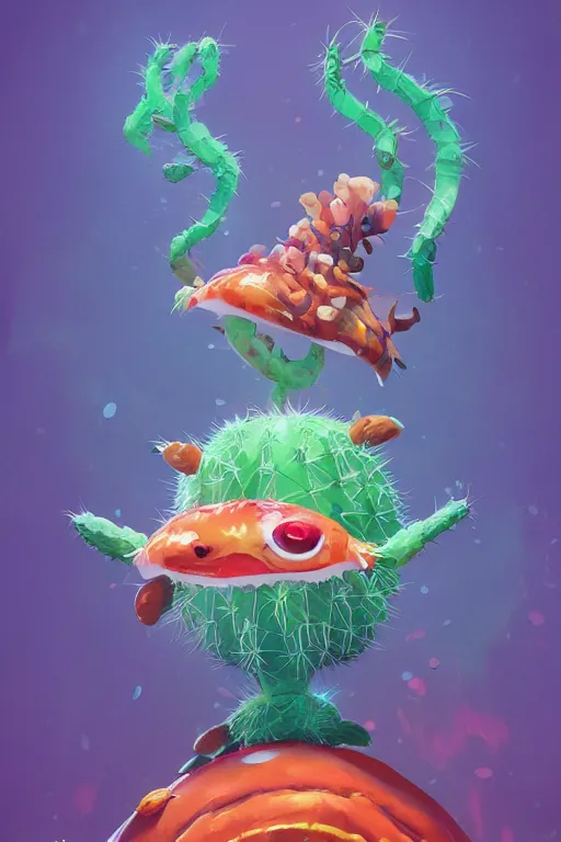 Image similar to 3 d render creature animal sushi cristal very big eye roots cactus elemental flush of force nature micro world fluo fishscale, comics gta 5 cover, official fanart behance hd artstation by jesper ejsing, by rhads, makoto shinkai and lois van baarle, ilya kuvshinov, ossdraws