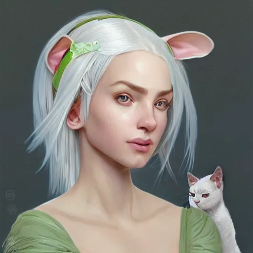 Image similar to ultra realistic illustration, dream girl with white hair, with light green eyes, with cat ears, in a sundress, intricate, elegant, highly detailed, digital painting, artstation, concept art, smooth, sharp focus, illustration, art by artgerm and greg rutkowski and alphonse mucha