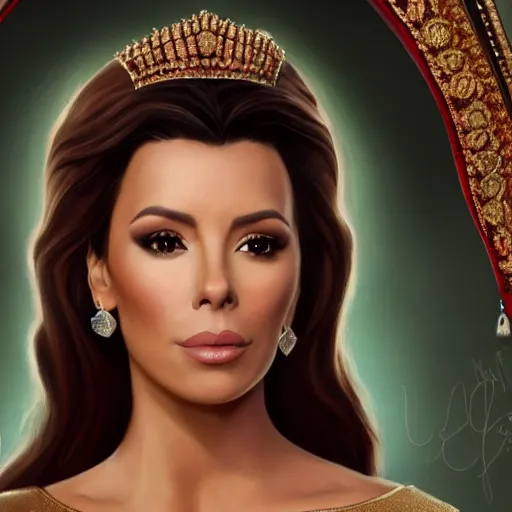 Image similar to a portrait of eva longoria as an arabian princess in a disney movie, crown!! oil painting, pale colors, high detail, 8 k, wide angle, trending on artstation,