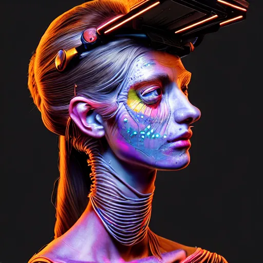 Image similar to Colour Caravaggio style Photography of Beautiful woman with highly detailed 1000 years old face wearing higly detailed cyberpunk VR Headset designed by Josan Gonzalez Many details. . In style of Josan Gonzalez and Mike Winkelmann andgreg rutkowski and alphonse muchaand Caspar David Friedrich and Stephen Hickman and James Gurney and Hiromasa Ogura. Rendered in Blender, volumetric natural light