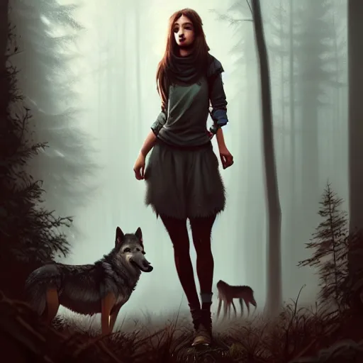 Image similar to a pretty girl surrounded by wolves, in the woods, digital painting, photorealistic, in the style of greg rutkowski, full body, detailed face, cinematic