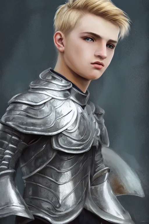 Image similar to a blonde male teenager wearing a silver plate armor, digital painting, digital art, oil painting, masterpiece, realistic and detailed face, profile picture, realistic, highly detailed, high quality, symmetrical, low contrast, trending on deviantart, soft colors, soft lighting, face portrait, beautiful, elegant, anatomically correct, castle in the background, bokeh, dof