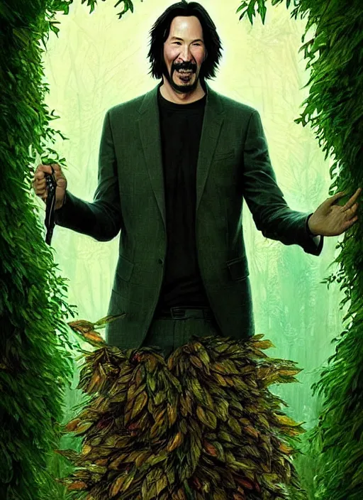 Image similar to highly detailed comedy caper movie poster with silly wacky zany keanu reeves as a sentient pile of leaves, keanu reeves green face as tree sentient leafy bush by greg rutkowski, masterpiece, really funny, 1 0 / 1 0 comedy