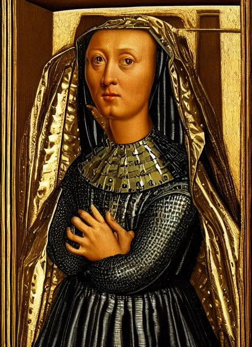 Image similar to a portrait of a shiny metallic renaissance robot, in the style of Jan van Eyck,