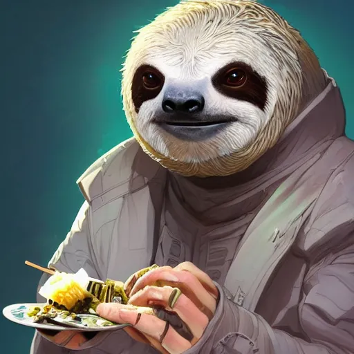 Image similar to detailed science - fiction character portrait of a sloth eating sushi, intricate, wild, highly detailed, digital painting, artstation, concept art, smooth, sharp focus, illustration, art by artgerm and greg rutkowski and alphonse mucha