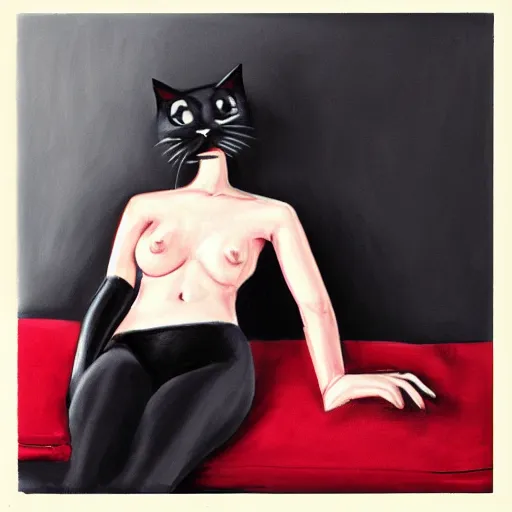 Prompt: black cat resting between red cushions, portrait, trending on artstation