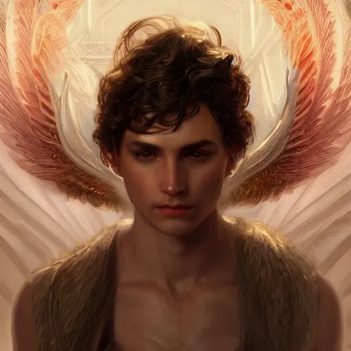 Image similar to up close portrait of a male angel, d & d, face, fantasy, intricate, elegant, highly detailed, digital painting, artstation, concept art, smooth, sharp focus, illustration, art by artgerm and greg rutkowski and alphonse mucha