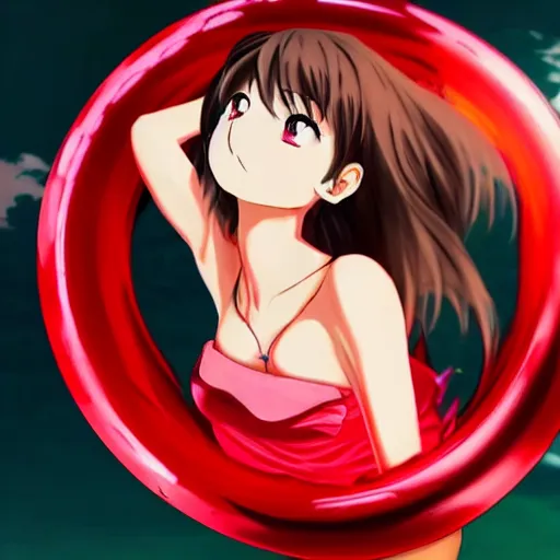 Prompt: a beautiful anime woman stuck inside of a giant red jello placed on a plate, anime CGI art style.