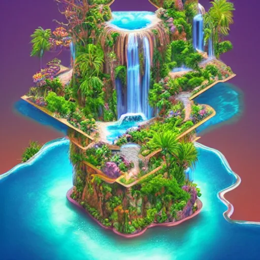 Image similar to isometric webdesign icon for paradise blossoming aquarium of eden with waterfall, 3 d render, by artgerm, tooth wu, dan mumford, beeple, wlop, rossdraws, james jean, andrei riabovitchev, marc simonetti, yoshitaka amano, artstation
