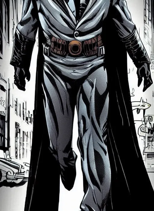 Prompt: Batman walking on street ，holding the Joker's head in his hand