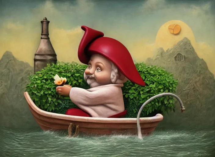 Image similar to a garden gnome sailing across a bucket of water, an ultrafine detailed painting by mark ryden, trending on deviantart, pop surrealism, whimsical, lowbrow, grotesque