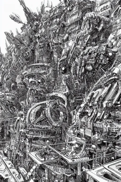 Image similar to The world's most intricate and detailed drawing of a futuristic city with mechas fighting aliens, by Kim Jung GI. HD.