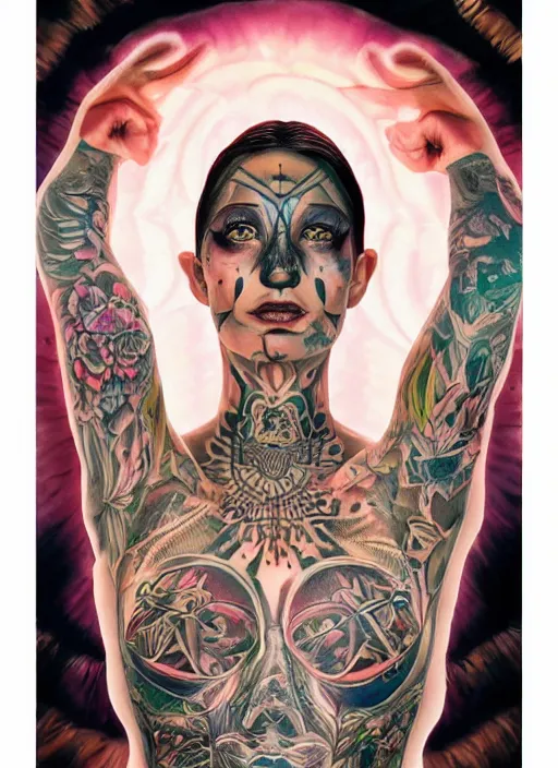 Image similar to beautiful enlightened woman instagram influencer with tattoos, tattooed skin, oil painting, robe, symmetrical face, dark ritual myth, by martine johanna masterpiece