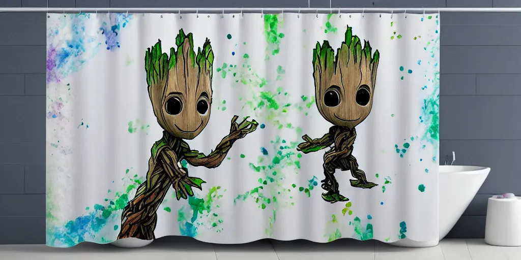 Prompt: shower curtain product catalog. wide - angle photo. on the curtain is a watercolor of the baby groot dancing. the water color has ink under drawing. wide - angle product photography of a shower curtain, product lighting. 4 k, highly detailed. saturated.