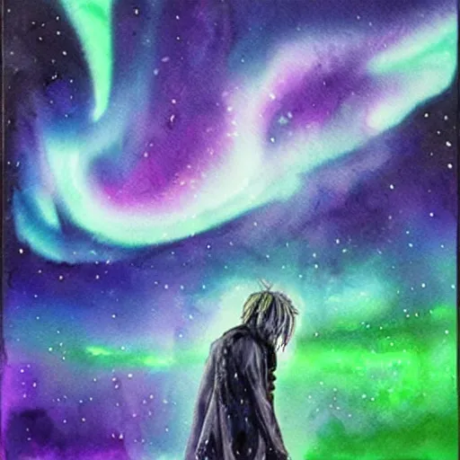 Prompt: Beatiful astral aurora nightmare dark ominous watercolour painting of Juice WRLD