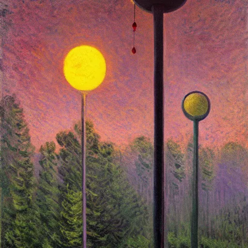 Image similar to Moon on a lamppost in the forest by Simon Stålenhag and Claude Monet, oil on canvas
