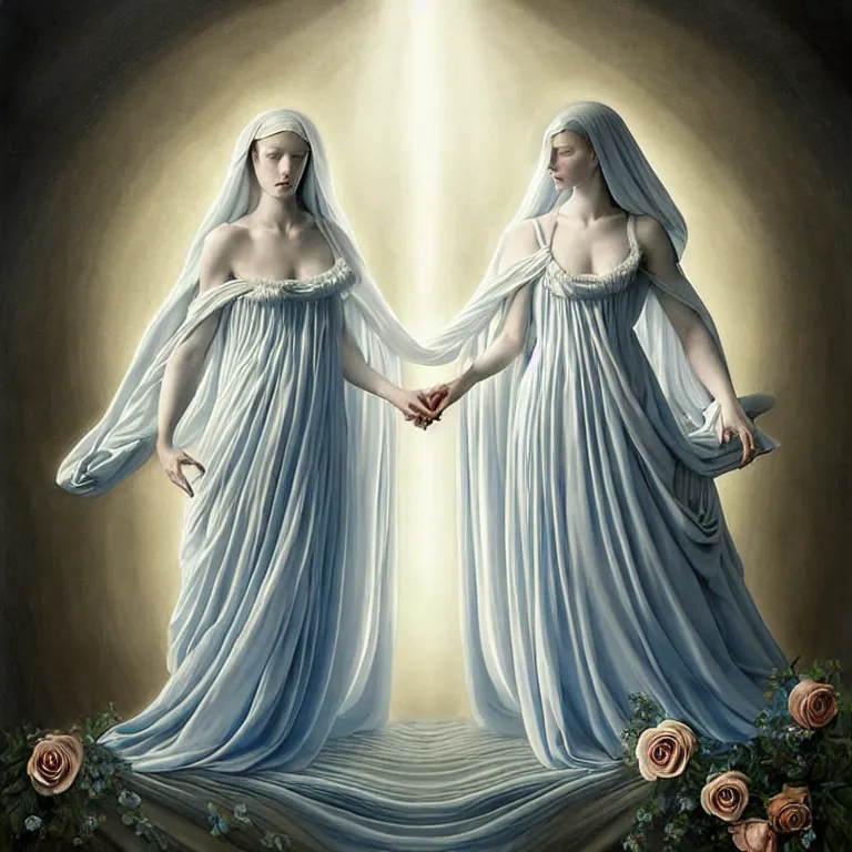 Image similar to renaissance professional digital art of wonderful symmetrical goddess with a majestic semi transparent white roses cotton dress, blue atmospheric light, dramatic lighting, cinematic, painted, intricate, detailed, foreboding, by art by meredit frampton and gregory crewdson, epic, stunning, gorgeous, much wow, cinematic, masterpiece.