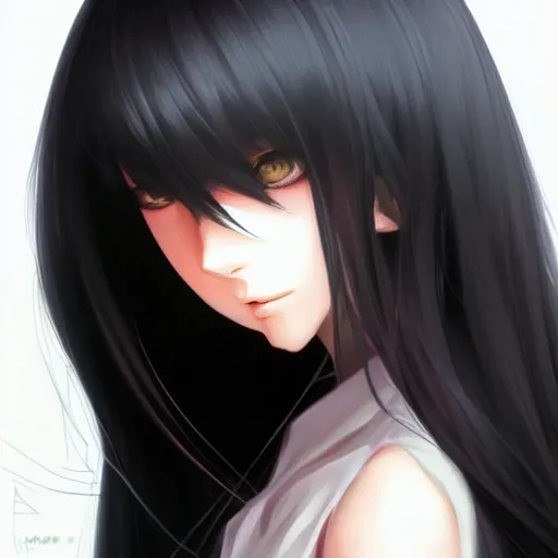 Prompt: full headshot portrait of a girl with long black hair, drawn by WLOP, by Avetetsuya Studios, attractive character, colored sketch anime manga panel, trending on Artstation