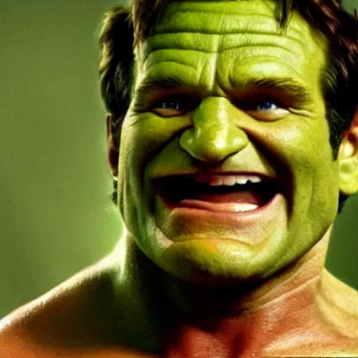 Image similar to robin williams as the hulk, smiling