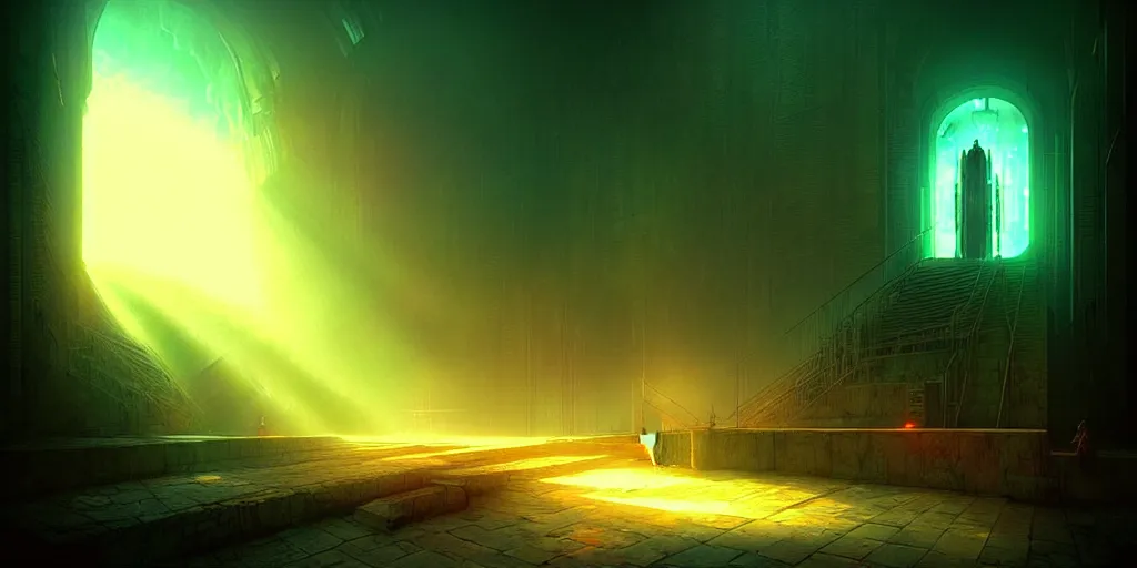 Image similar to “A photo of God awakens from machine, dystopian, moody, volumetric light, Art Station, unreal engine, by Marc Simonetti”