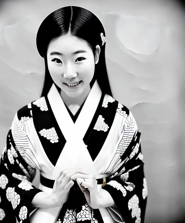 Image similar to a modern black and white film photograph shot on kodak 4 0 0 tx, portrait of one!! very beautiful and young japanese woman subtly smiling, she is wearing a traditional kimono with a very ornate pattern of cranes, her hair is tied above her head, the scene is shot on a canon 8 5 mm f / 1. 4 in a studio setting with dramatic and cinematic lighting