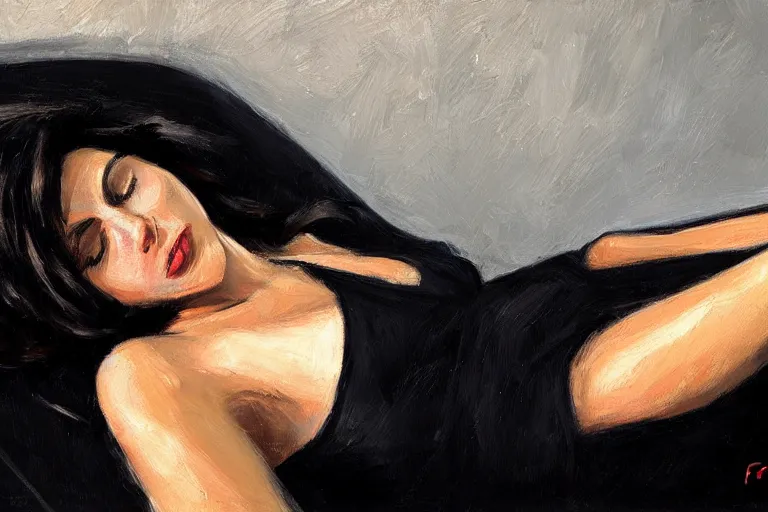 Prompt: Ground Level Shot, long shot of a beautiful dark haired woman wearing a black dress, laying on her back on a bed. by fabian perez