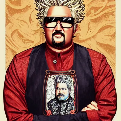 Prompt: head and shoulders portrait of Guy Fieri illustration, medium shot, intricate, elegant, highly detailed, digital art, ffffound, art by JC Leyendecker and sachin teng