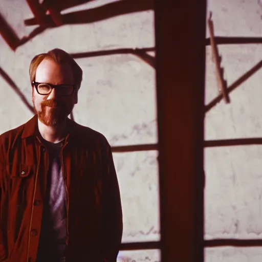 Image similar to color 35mm film still of Adam Savage, figure portrait