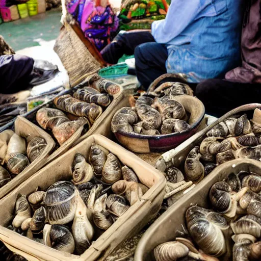 Prompt: live snails being sold at a bazaar