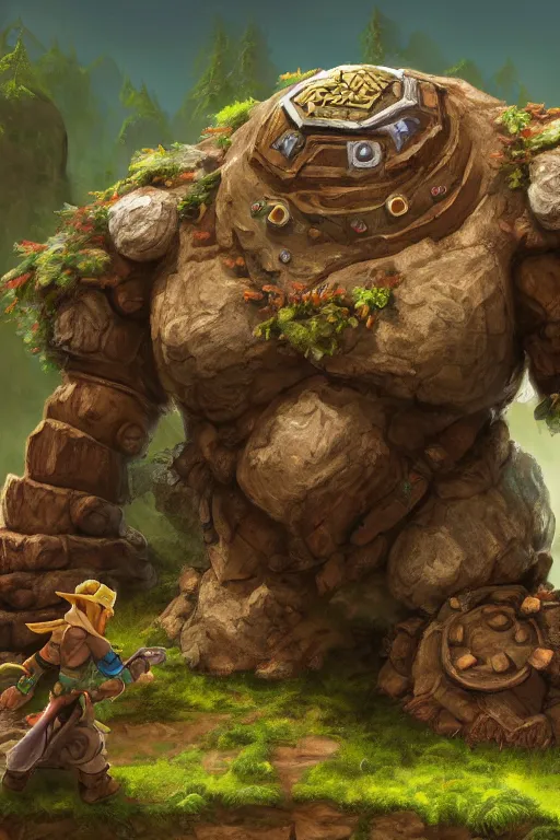 Image similar to zelda fantasy art giant golem troll wood rock greeble gemstone, global illumination ray tracing hdr fanart arstation by sung choi and eric pfeiffer and gabriel garza and casper konefal