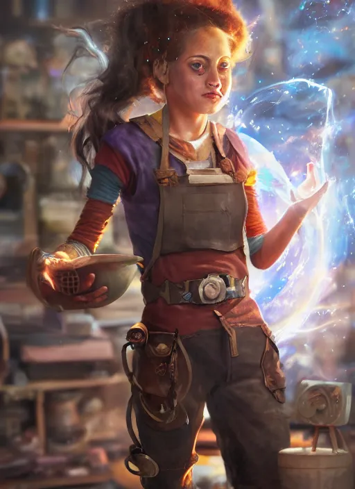 Image similar to An epic fantasy comic book style portrait painting of a young tinker girl working on a device in her workshop, unreal 5, DAZ, hyperrealistic, octane render, cosplay, RPG portrait, dynamic lighting