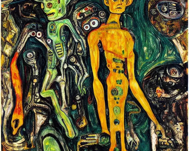 Image similar to a painting of a aliens and robots by graham sutherland, egon schiele, gustav klimt, edvard munch, expressionism