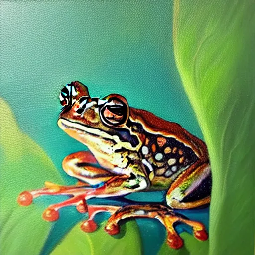 Image similar to beautiful oil painting of a common frog on a tree, sunlight, award - winning, matte,